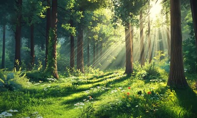Wall Mural - serene forest with sunlight filtering through trees.