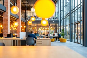 modern office interior with bright lighting, open workspace, and collaborative atmosphere.