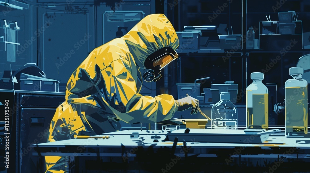 Side view of female forensic scientist wearing hazmat suit and using ...