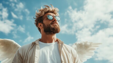 a bearded man wearing sunglasses and a white shirt gazes upwards into a bright sky, with large white