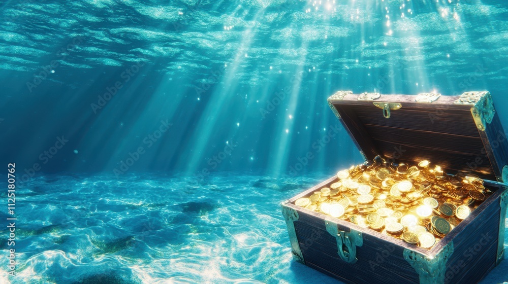 Open treasure chest filled with gold coins on the ocean floor ...
