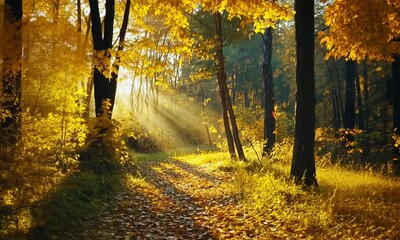 Wall Mural - sunlight filters through autumn trees on a serene path.