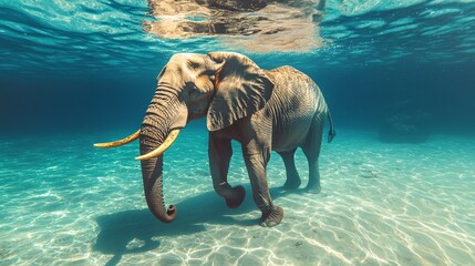 Poster - Beneath the surface, a stunning African elephant explores the underwater realm, showcasing its strength and elegance. Sunlight dances on the sandy bottom, illuminating its path