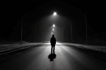 Aufkleber - A lone person stands on a deserted street at night, illuminated by glowing streetlights, with a dark void above for additional text. Generative AI