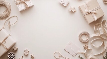 Aufkleber - Various gift wrapping materials are neatly laid out, featuring ribbons, paper, and cards, providing a tidy area for creative text. Generative AI