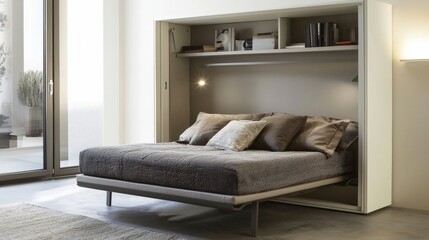 Poster - Modern futon bed with minimalist bedding in a small apartment contemporary design cozy atmosphere stylish viewpoint