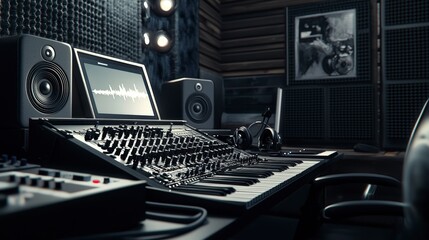 Poster - Creative music studio design featuring synthesizer and mixing board in professional atmosphere