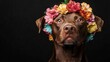 © Dulemegapixel - A chocolate dog wears a crown of beautiful flowers, exuding elegance and warmth, set against a dark background, reflecting charm and sophistication in a serene moment.