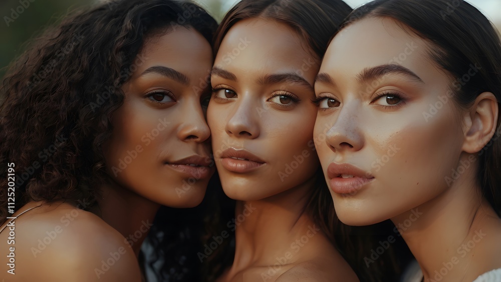 Diverse group of beautiful young women with different natural glowing ...