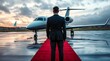 © Danish - modern business executive in suit stands on red carpet, facing private jet.