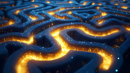 A labyrinth maze with a glowing yellow path on a blue background. Labyrinth. Illustration