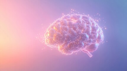 Aufkleber - A vibrant, glowing brain made up of luminous points and lines suspended against a soft gradient background, featuring ample space for text addition. Generative AI