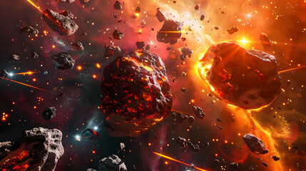Wall Mural - urgent collision of vivid red and orange asteroids in a fiery cosmic landscape. generative ai