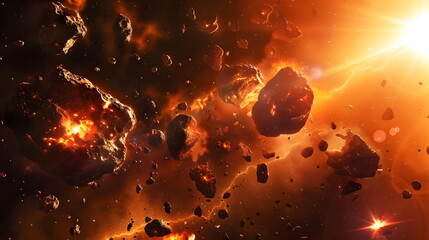 Wall Mural - urgent collision of vivid red and orange asteroids in a fiery cosmic landscape. generative ai