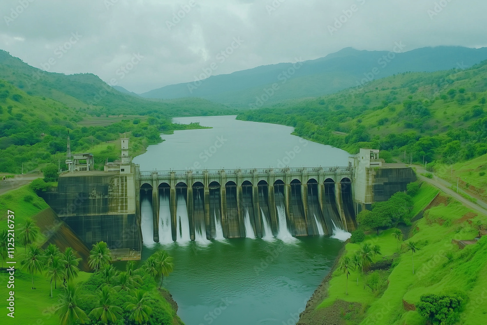 An aerial view of a hydroelectric dam surrounded by lush greenery, with ...