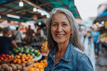 Wall Mural - Portrait of a blissful woman in her 40s sporting a versatile denim shirt isolated in bustling urban market