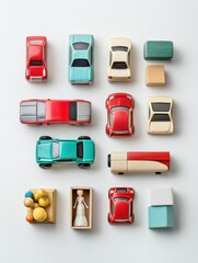 Aufkleber - Colorful children's toys like cars, blocks, and a doll arranged on a white background, leaving space for text. Generative AI