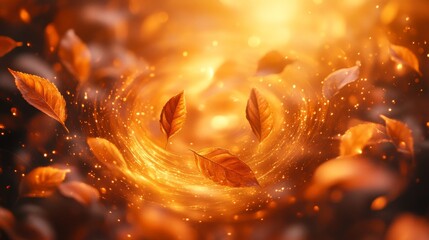Poster - Autumn leaves spin gracefully in a warm, golden light, creating a captivating swirl that envelops the forest floor in beauty. The scene captures the essence of a tranquil autumn day.