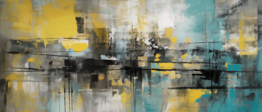 Abstract background in a combination of yellow, turquoise, white, gray tones.