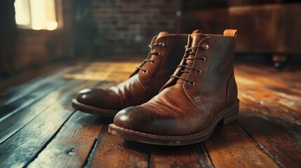 Poster - Stylish leather boots on wooden floor indoor setting lifestyle photography warm lighting fashion concept showcase