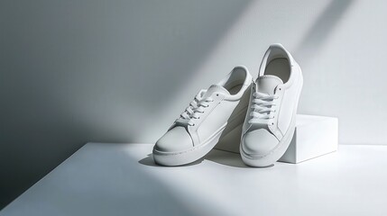 Aufkleber - Trendy sneakers showcase on clean white surface fashion product photography minimalist space side angle style inspiration
