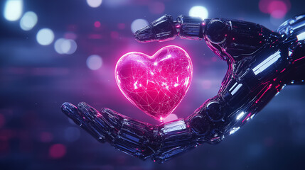 Poster - Robotic hands hold a glowing digital heart, blending advanced tech and emotion in a vibrant setting