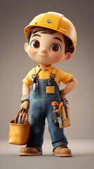 Wall Mural - Cartoon 3D Boy Character in Overalls with Tools