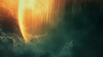 golden celestial body, dark gaseous clouds, ethereal light.