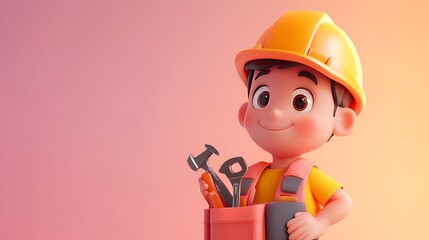 Wall Mural - Cartoon Boy Worker with Tool Bag in 3D Style