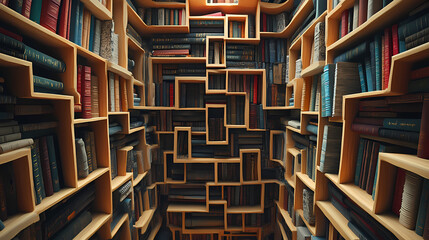 Wall Mural - Labyrinth made of books on shelves top view. generative ai. Labyrinth. Illustration