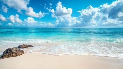 Poster - Azure waters gently lap against soft white sands, creating a serene atmosphere. Bright clouds drift above, enhancing the tropical beauty of this idyllic coastal setting, perfect for relaxation