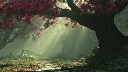 Wall Mural - sunlit path through mystical forest, pink blossoms, mossy rocks.