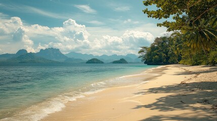 Poster - Waves gently lap against the shore, where golden sand meets calm turquoise waters. Lush greenery lines the beach, creating a tranquil oasis. Fluffy clouds drift lazily overhead