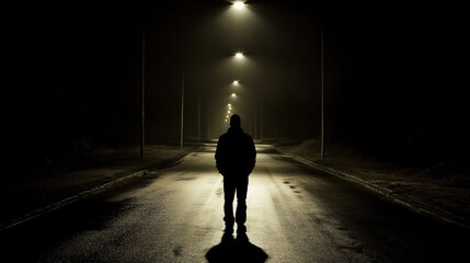 Aufkleber - A solitary person stands in the middle of an empty street at night, with streetlights casting long shadows and a vast dark sky above. Generative AI
