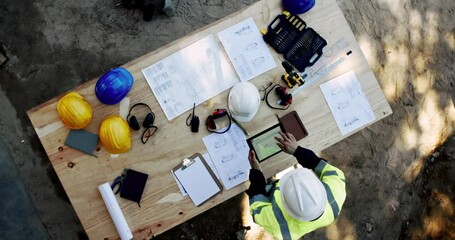 Aufkleber - Top view, architect and planning on tablet with blueprint for construction project, development or scroll. Engineer, technology or person with design for building or infrastructure renovation at site