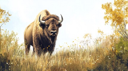 Canvas Print - Majestic Bison in Autumn Meadow