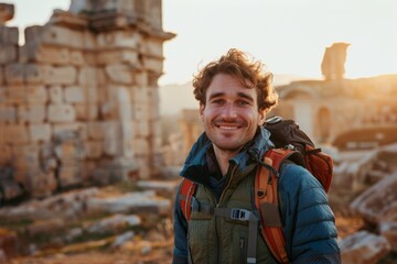 Wall Mural - Portrait of a merry caucasian man in his 20s dressed in a water-resistant gilet in backdrop of ancient ruins