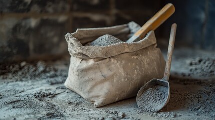 Poster - Construction materials actioncement bag and scoop on rough concrete surface indoor workspace detailed view of mixing process