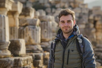 Wall Mural - Portrait of a merry caucasian man in his 20s dressed in a water-resistant gilet isolated on backdrop of ancient ruins