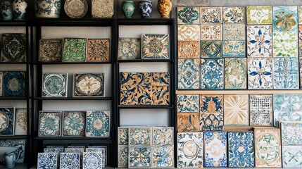 Aufkleber - Vibrant ceramic tiles display art studio home decor colorful background eye-level view aesthetic inspiration