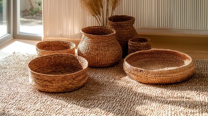Poster - Artisan woven baskets display in natural light home decor lifestyle setting aesthetic viewpoint unique craftsmanship