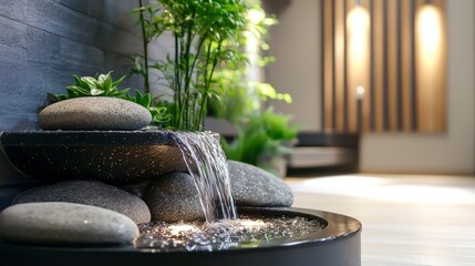 Poster - Tranquil indoor fountain installation contemporary home decorative feature relaxing atmosphere close-up view zen concept