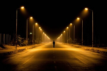Aufkleber - A lone person walks down a deserted street at night, where streetlights create long shadows against a dark sky, suitable for text placement. Generative AI