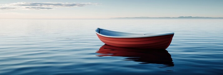 Fototapete - A peaceful setting features a single boat floating on calm water, inviting contemplation with open space for additional text. Generative AI