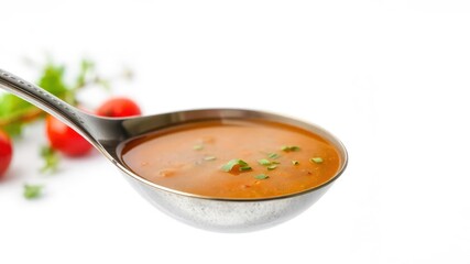 Wall Mural - Serving fresh tomato soup in a silver ladle kitchen table food photography bright environment close-up view