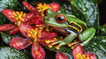 Poster - Surrounded by colorful blooms, a striking red-eyed tree frog sits quietly on wet leaves. Its vivid colors contrast beautifully with the rich foliage and blossoms of Panama’s diverse ecosystem