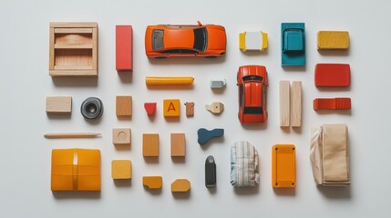 Aufkleber - A vibrant collection of toy cars, blocks, and dolls is displayed on a white background, providing space for creative text. Generative AI