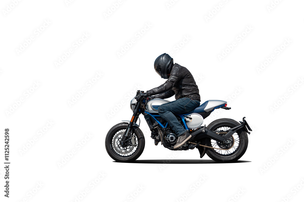 Motorcycle rider in leather gear on vintage bike – side view isolated ...