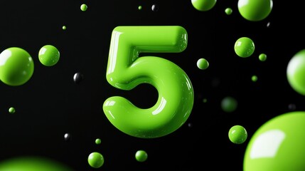 Poster - Glossy, green number 5 against a black background with scattered green spheres