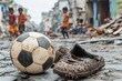 © Omor - A soccer ball and a broken, mud-stained shoe are seen in the backdrop, while underprivileged kids play on the street. Generative Ai